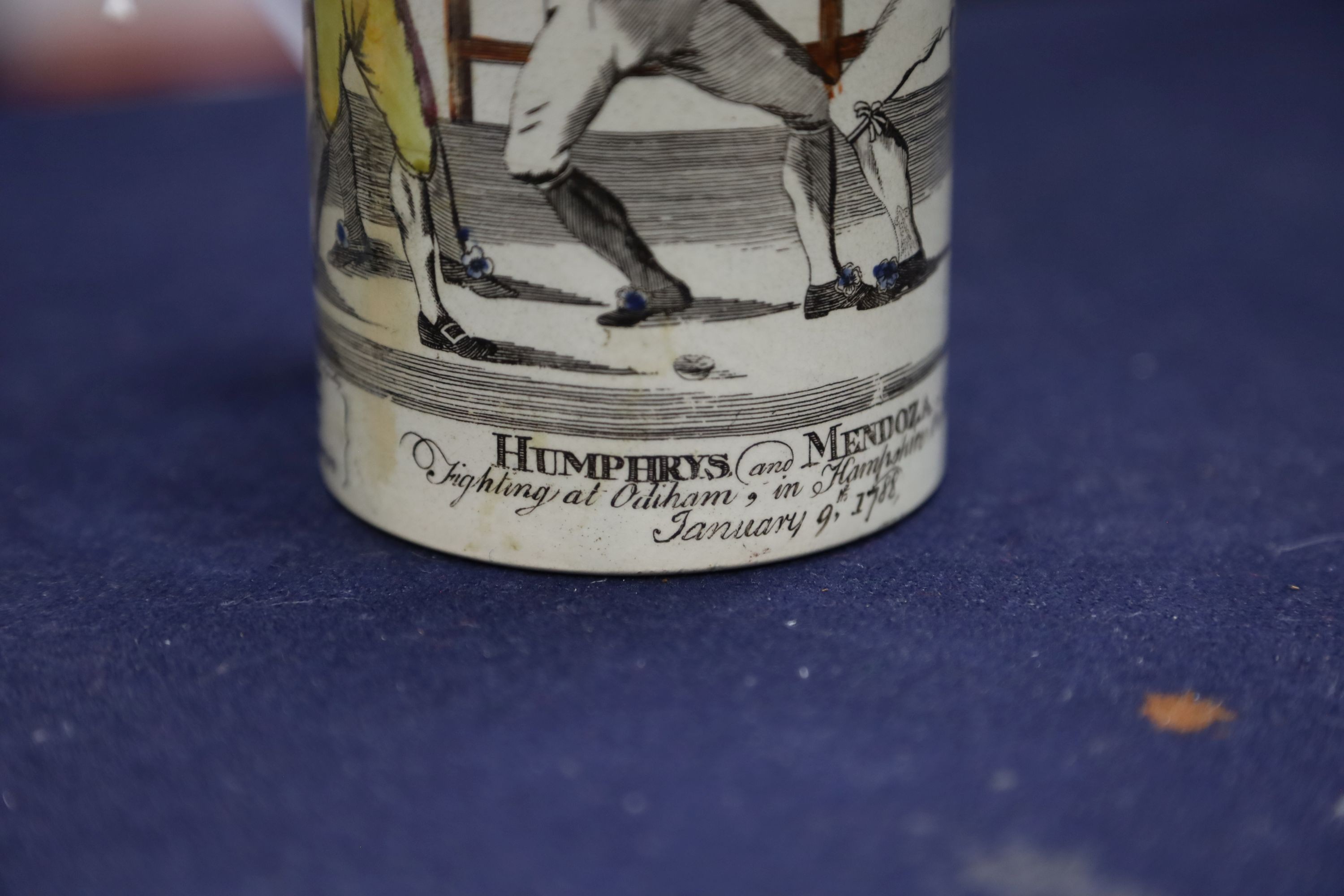 Boxing History- A late 18th century pearlware mug, depicting Humphreys v Mendoza, height 12cm